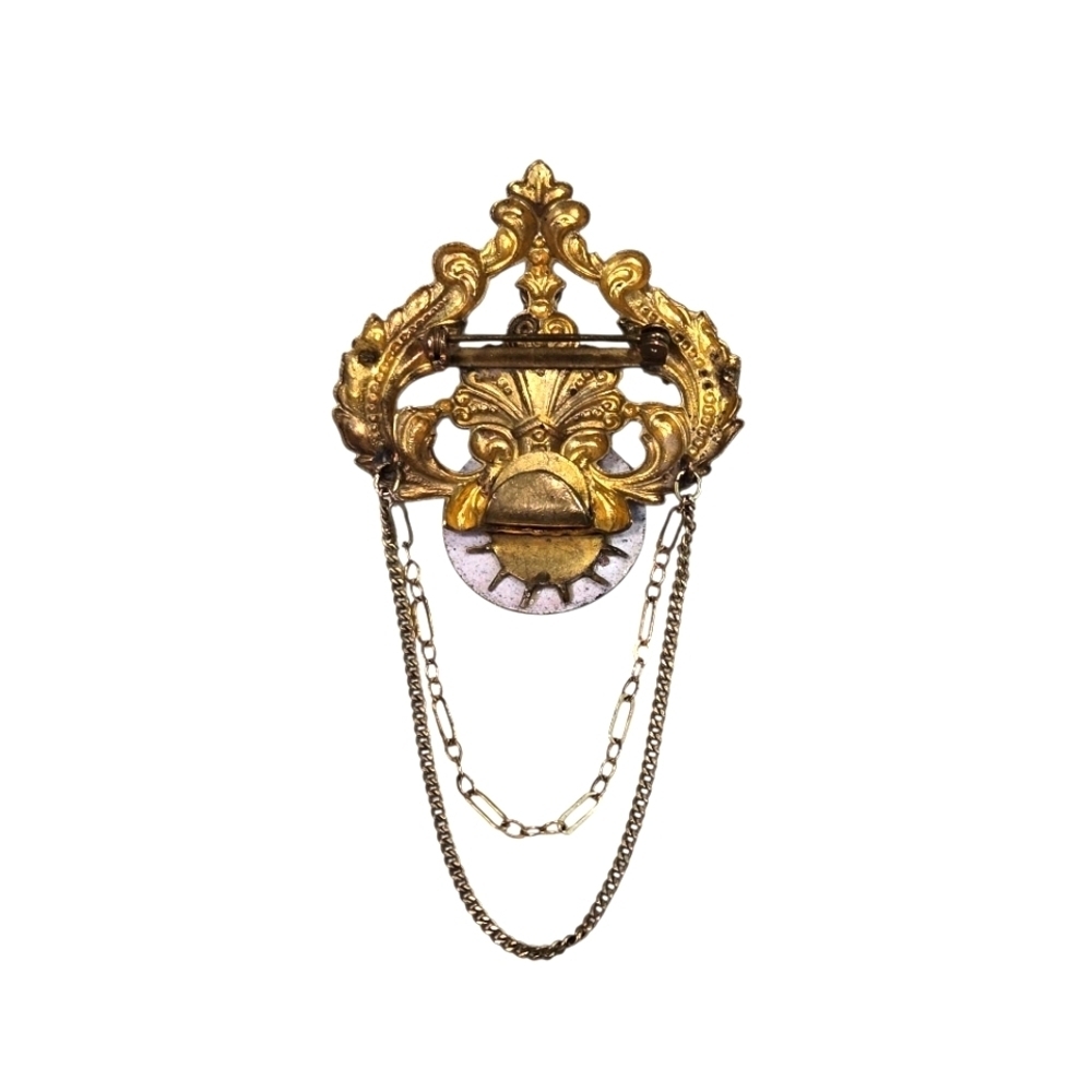 Vintage Art Deco Steampunk Victorian Clock Watch Brooch Green Gold Crystals - Picture 2 of 4